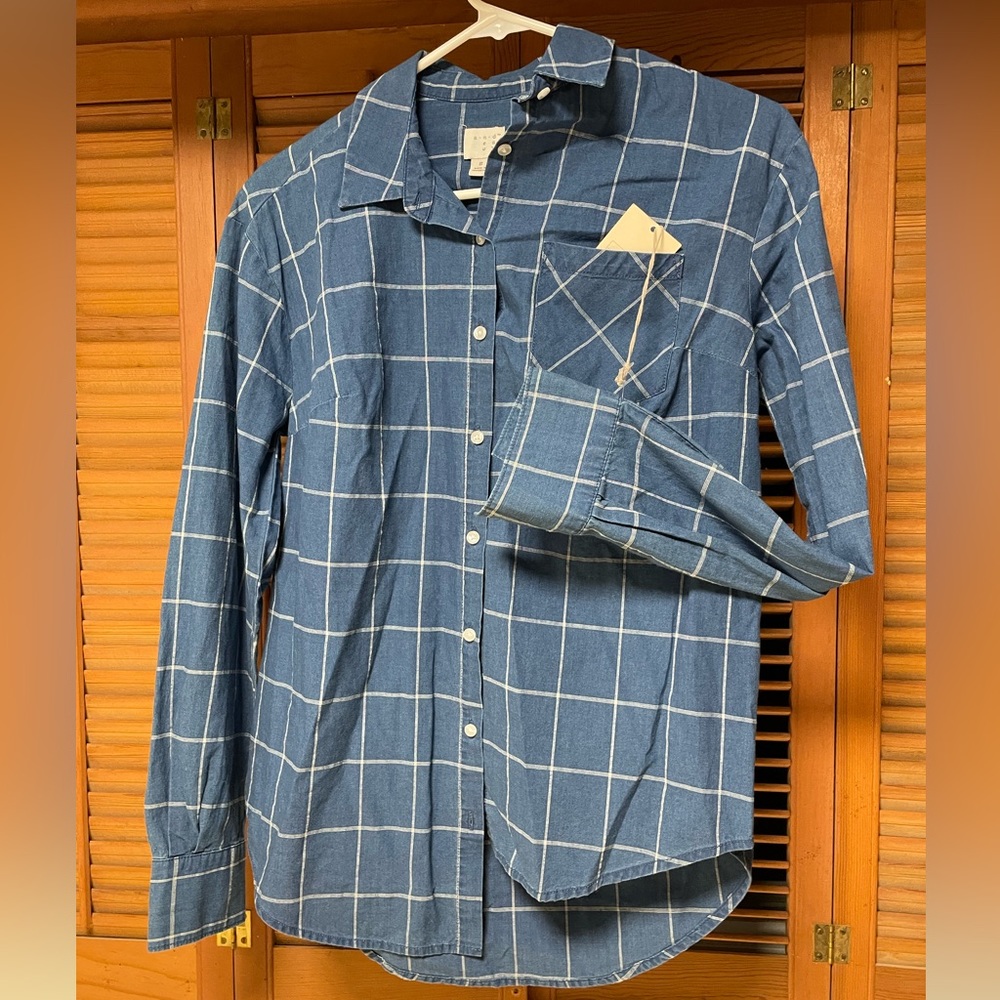 Women’s A New Day button down shirt, blue with white stripes, size S